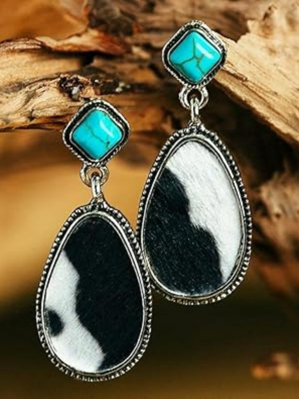 Turquoise Silver Cow Print Earrings Bohemian Cowgirl Western Chunky Statement
